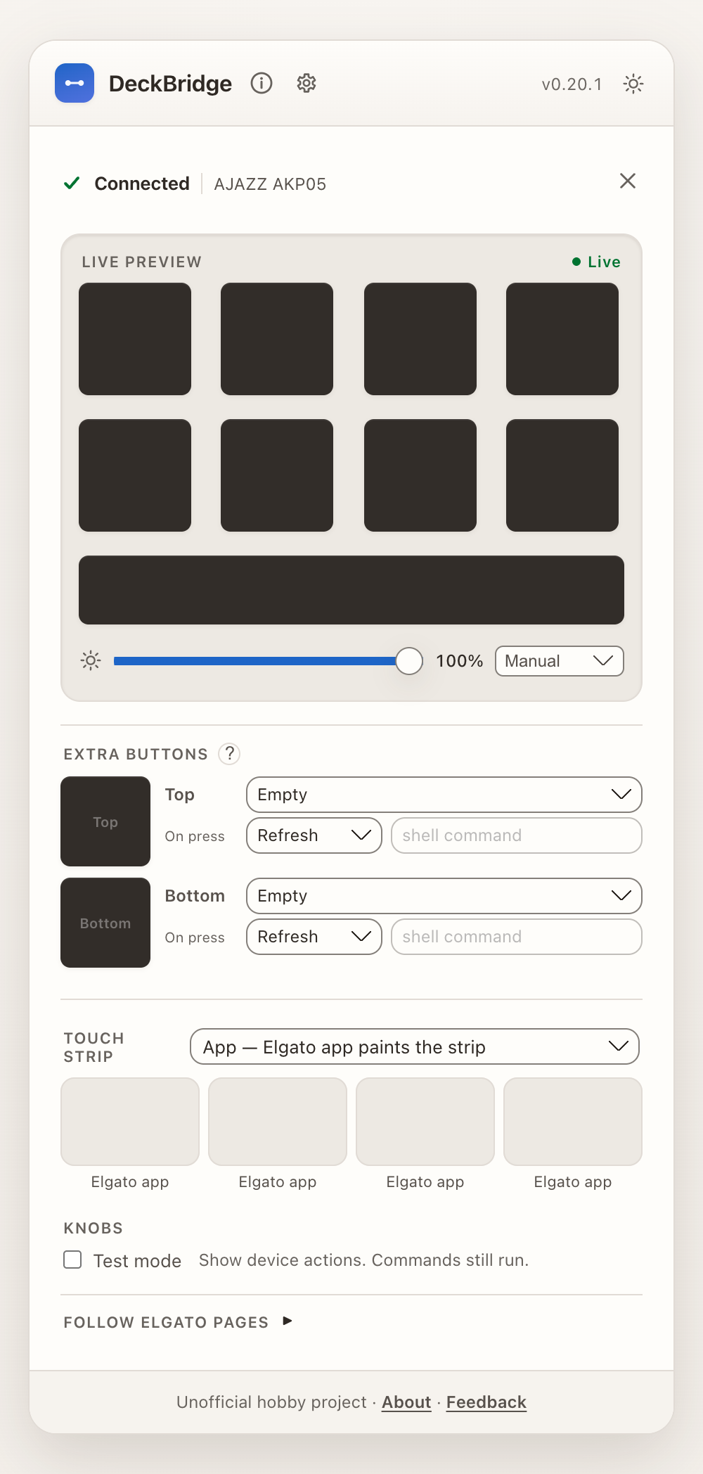 Paired AJAZZ AKP05 in Stream Deck Plus emulation showing touch strip and knobs, light theme