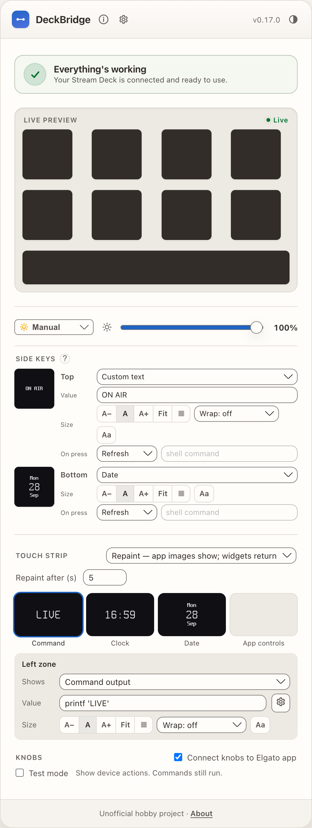 DeckBridge Web UI with mock AKP05 paired as Stream Deck Plus, showing side keys, touch strip, and knob controls
