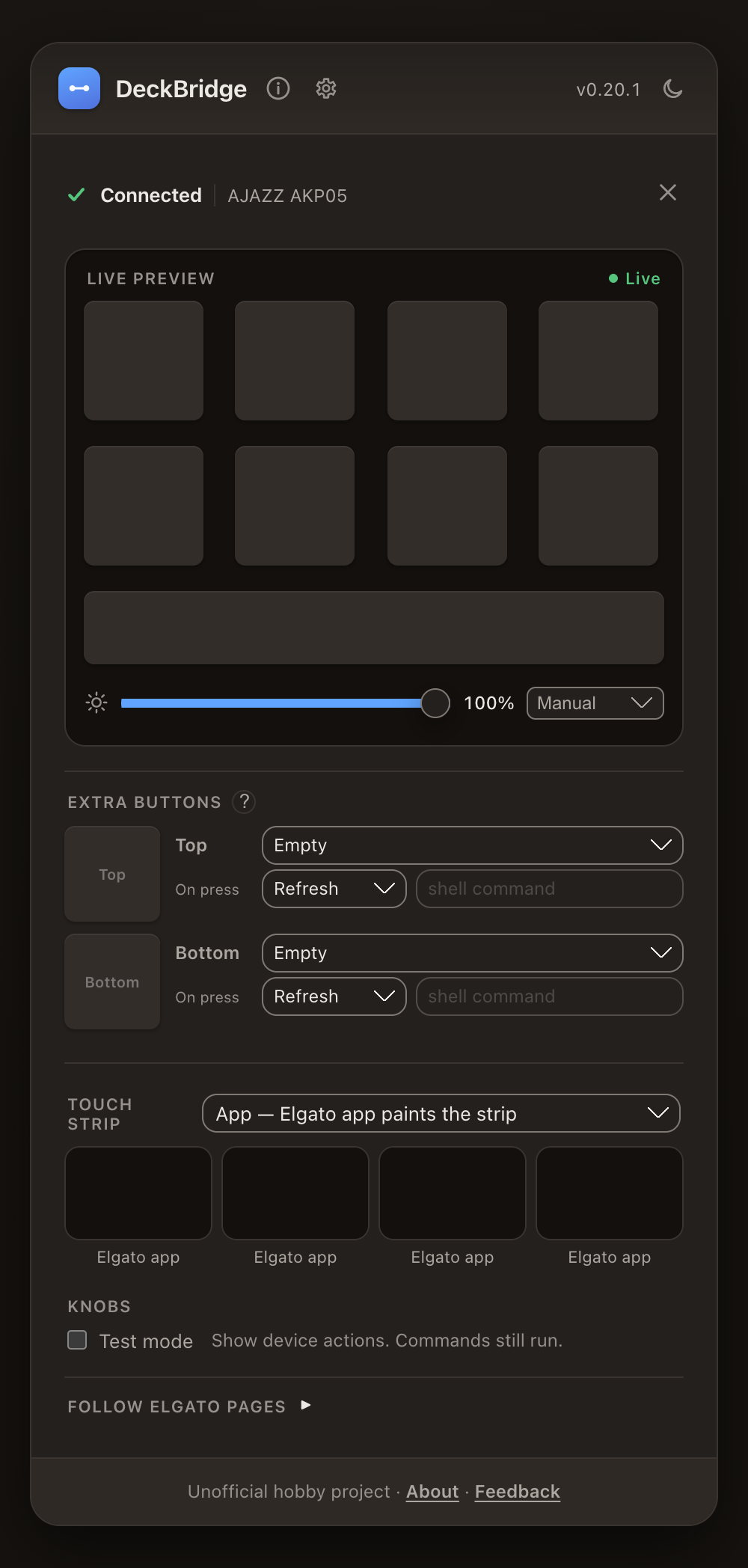 Paired AJAZZ AKP05 in Stream Deck Plus emulation showing touch strip and knobs, dark theme