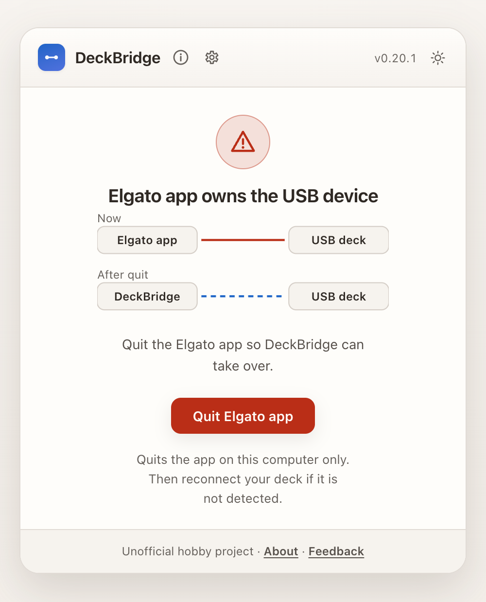 DeckBridge warning that the Elgato app is blocking USB access, light theme