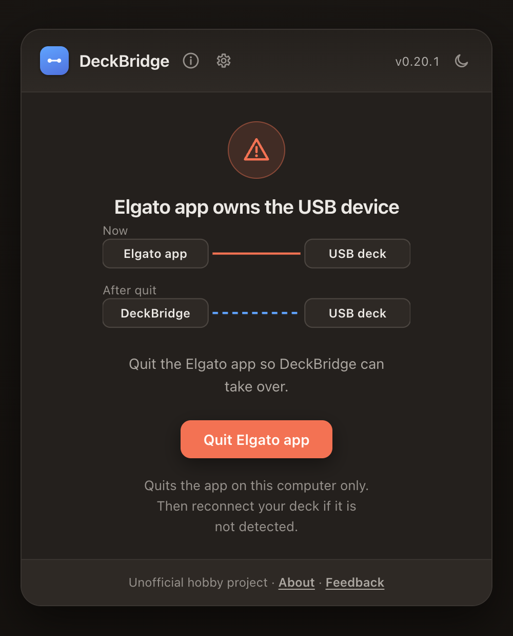 DeckBridge warning that the Elgato app is blocking USB access, dark theme