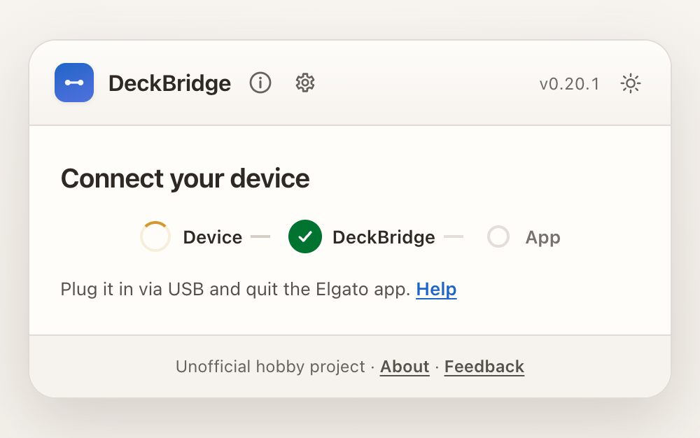 DeckBridge waiting for a Stream Deck to be connected over USB, light theme