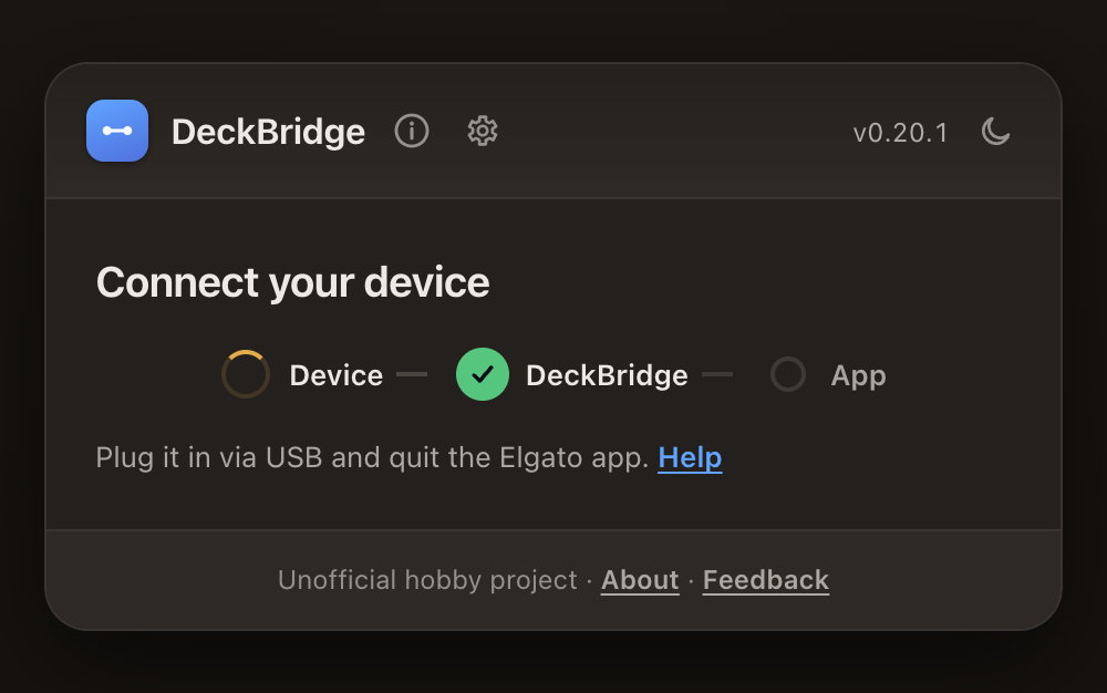 DeckBridge waiting for a Stream Deck to be connected over USB, dark theme