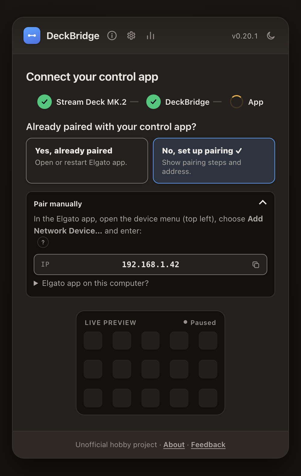 DeckBridge showing the address needed to pair a connected Stream Deck, dark theme