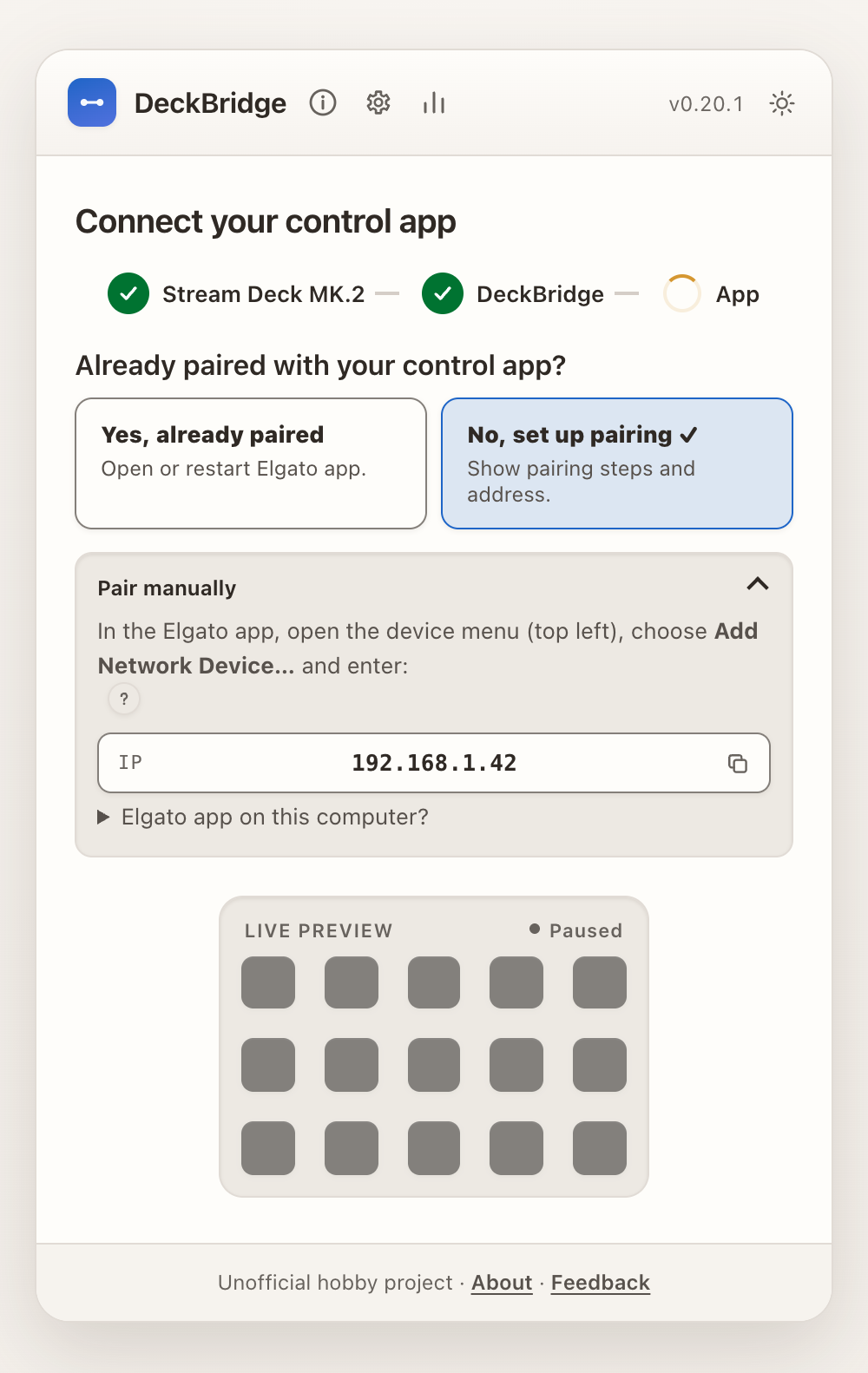 DeckBridge showing the address needed to pair a connected Stream Deck, light theme