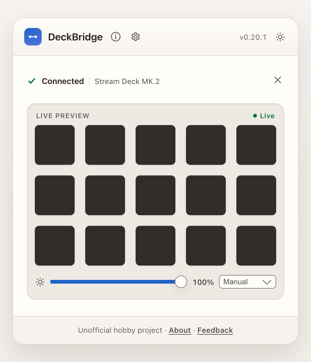 DeckBridge showing a connected and working Stream Deck with its live preview, light theme