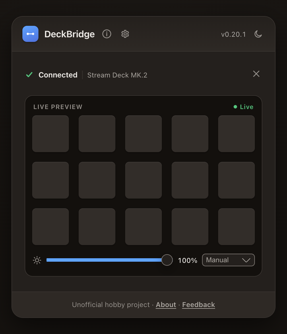 DeckBridge showing a connected and working Stream Deck with its live preview, dark theme