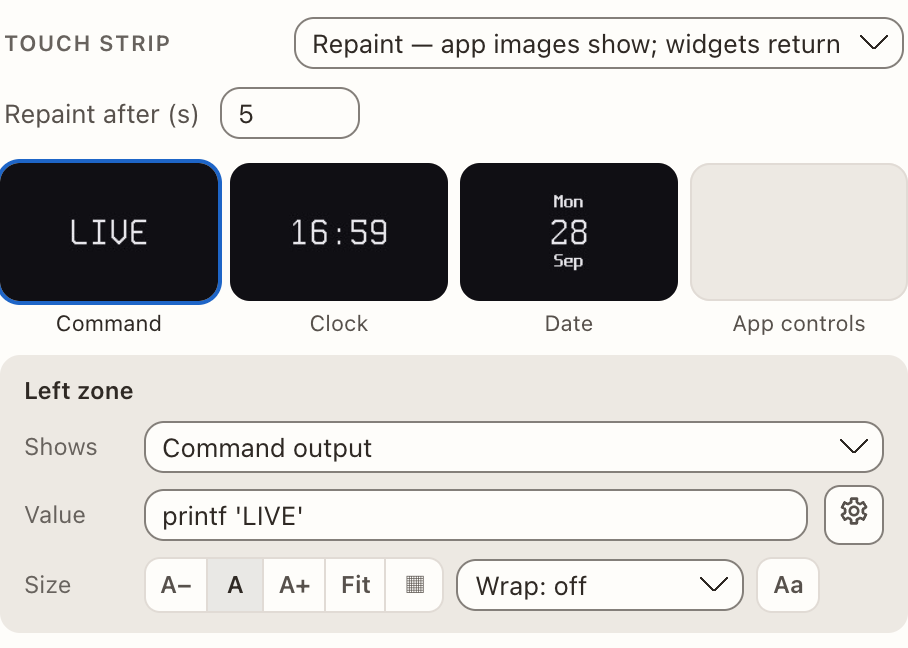 Live DeckBridge mock UI showing four touch strip zone tabs and widget controls