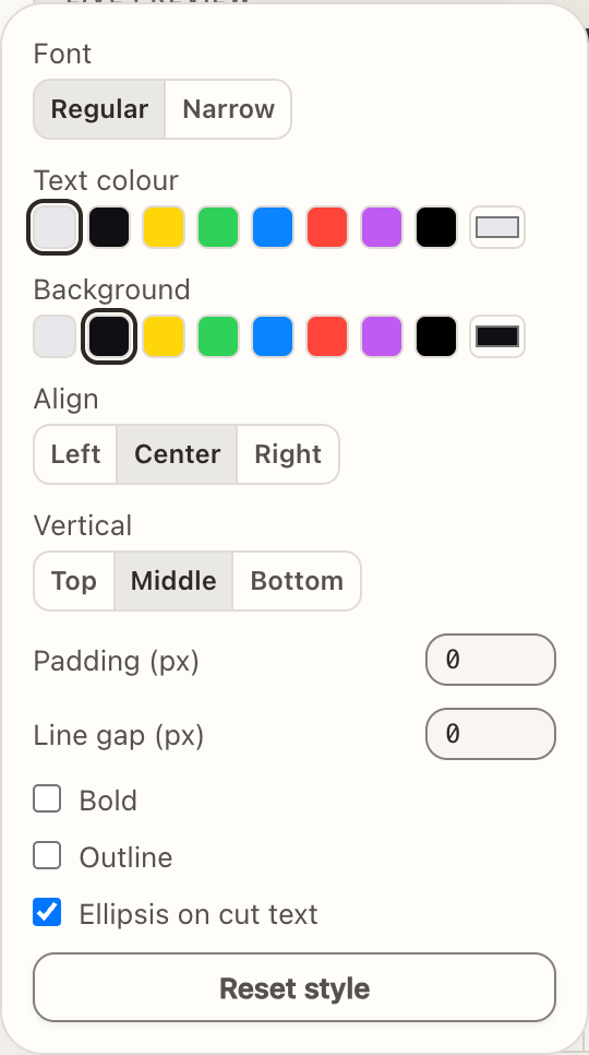 Live DeckBridge mock UI showing widget text style popover with font, colour, alignment, and spacing controls
