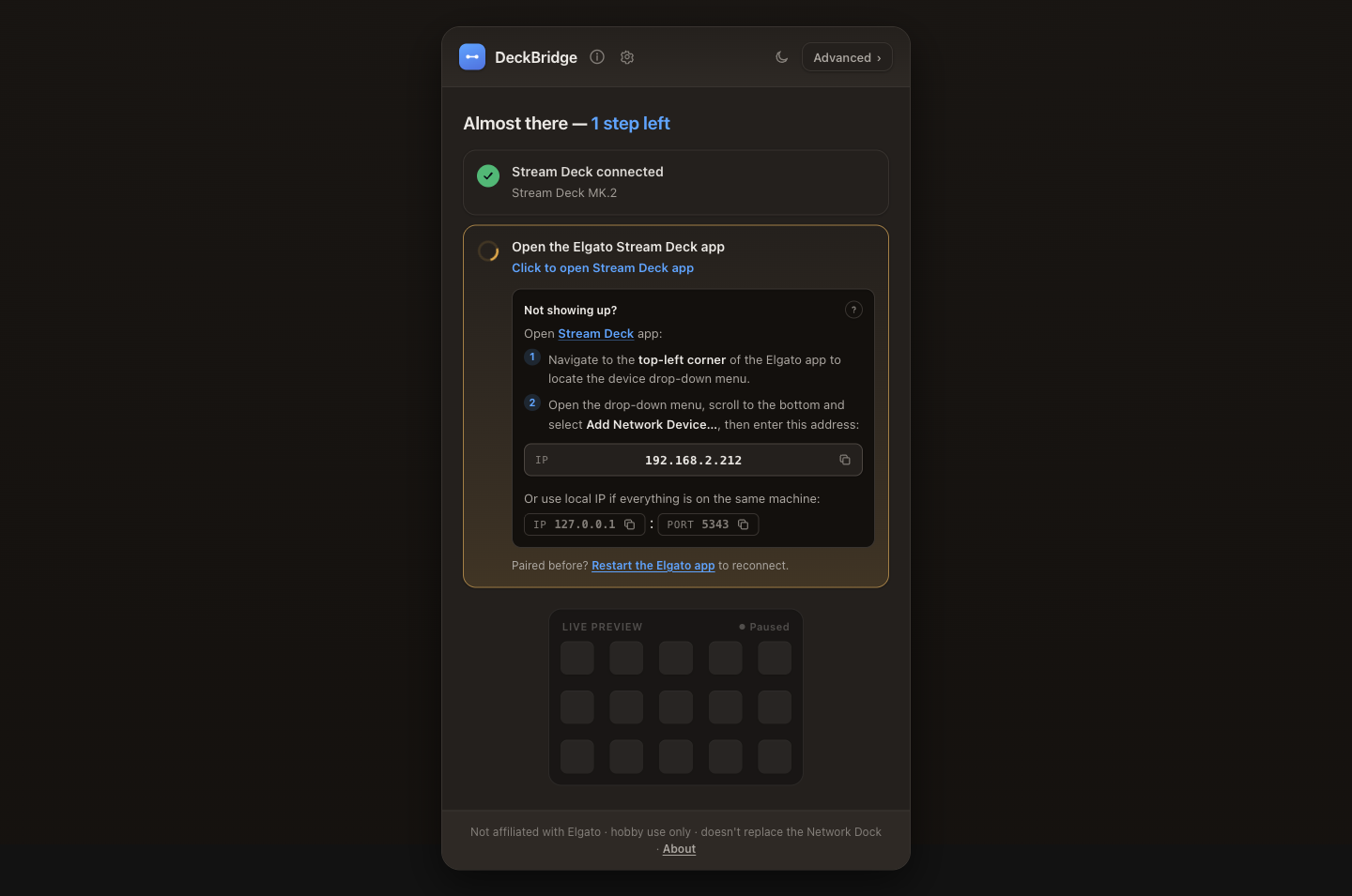 DeckBridge simple web UI: a step-by-step pairing card showing the connected Stream Deck MK.2 and the network address to enter in the Elgato app.